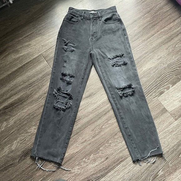 PACSUN High Rise Straight Black Wash Button Fly Raw Hem Knee Holes Jeans Size 23 - Picture 1 of 7